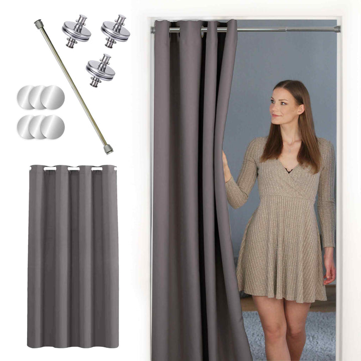 Premium Türvorhang mit silberner Teleskopstange, 1-Minuten-Montage ohne Bohren, Sicht,- Lärmschutz und Thermische Isolation, Perfekte Passform & Eleganz trifft auf Funktionalität