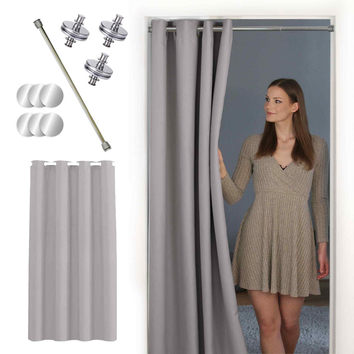 Premium Türvorhang mit silberner Teleskopstange, 1-Minuten-Montage ohne Bohren, Sicht,- Lärmschutz und Thermische Isolation, Perfekte Passform & Eleganz trifft auf Funktionalität