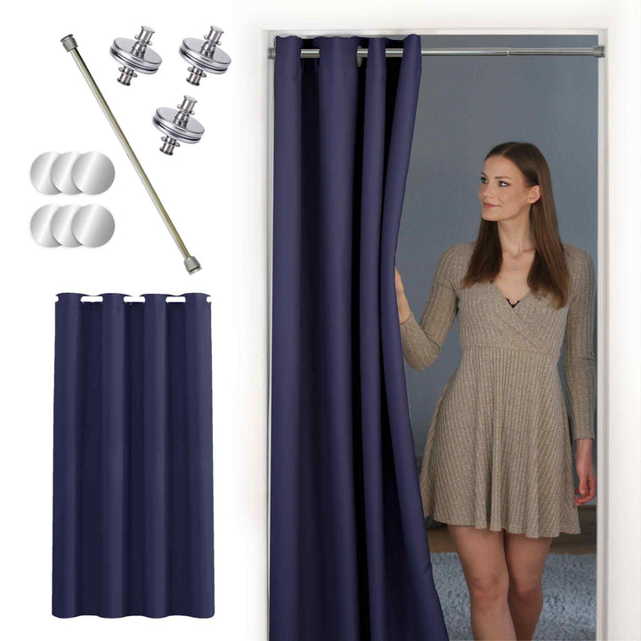 Premium Türvorhang mit silberner Teleskopstange, 1-Minuten-Montage ohne Bohren, Sicht,- Lärmschutz und Thermische Isolation, Perfekte Passform & Eleganz trifft auf Funktionalität