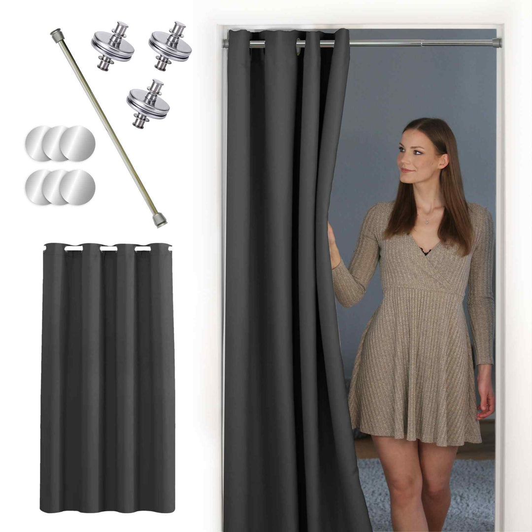 Premium Türvorhang mit silberner Teleskopstange, 1-Minuten-Montage ohne Bohren, Sicht,- Lärmschutz und Thermische Isolation, Perfekte Passform & Eleganz trifft auf Funktionalität