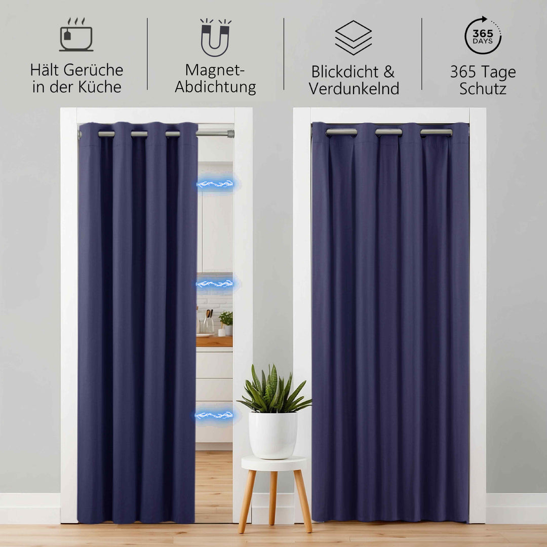 Premium Türvorhang mit silberner Teleskopstange, 1-Minuten-Montage ohne Bohren, Sicht,- Lärmschutz und Thermische Isolation, Perfekte Passform & Eleganz trifft auf Funktionalität