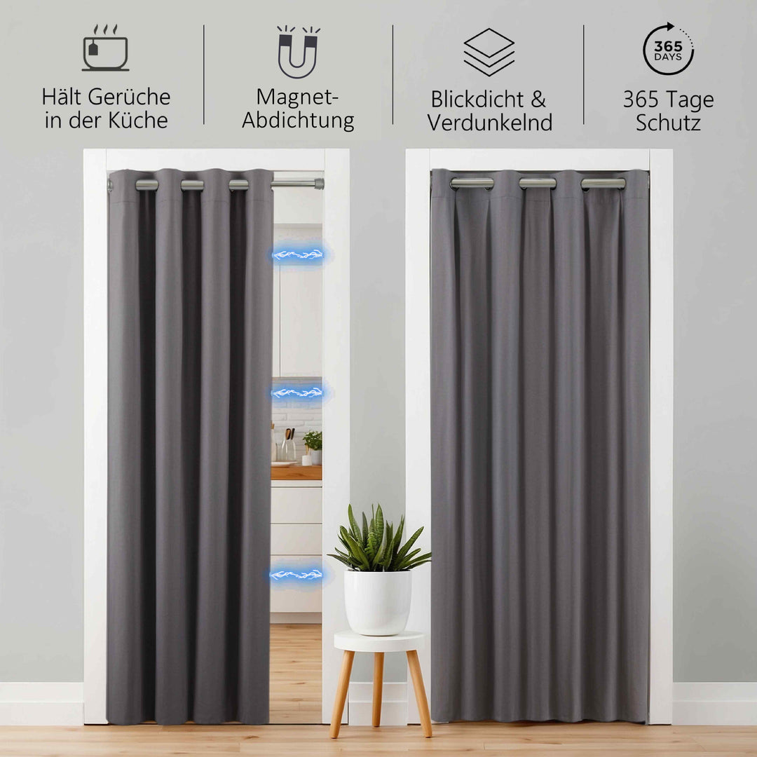 Premium Türvorhang mit silberner Teleskopstange, 1-Minuten-Montage ohne Bohren, Sicht,- Lärmschutz und Thermische Isolation, Perfekte Passform & Eleganz trifft auf Funktionalität