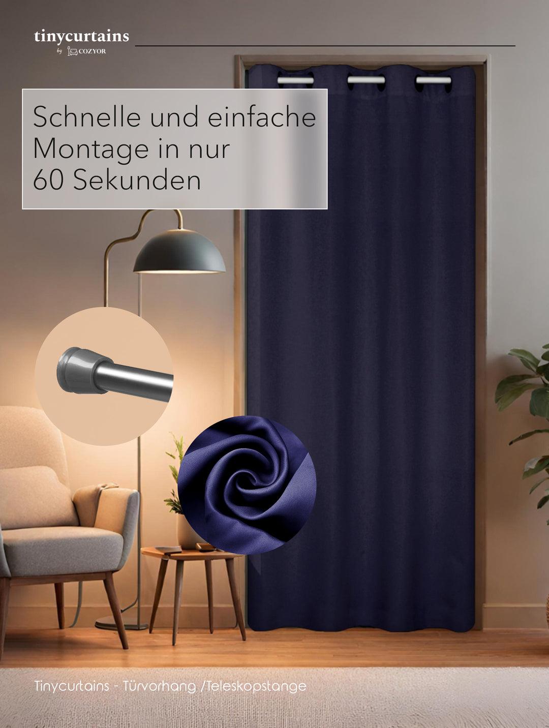 Premium Türvorhang mit silberner Teleskopstange, 1-Minuten-Montage ohne Bohren, Sicht,- Lärmschutz und Thermische Isolation, Perfekte Passform & Eleganz trifft auf Funktionalität