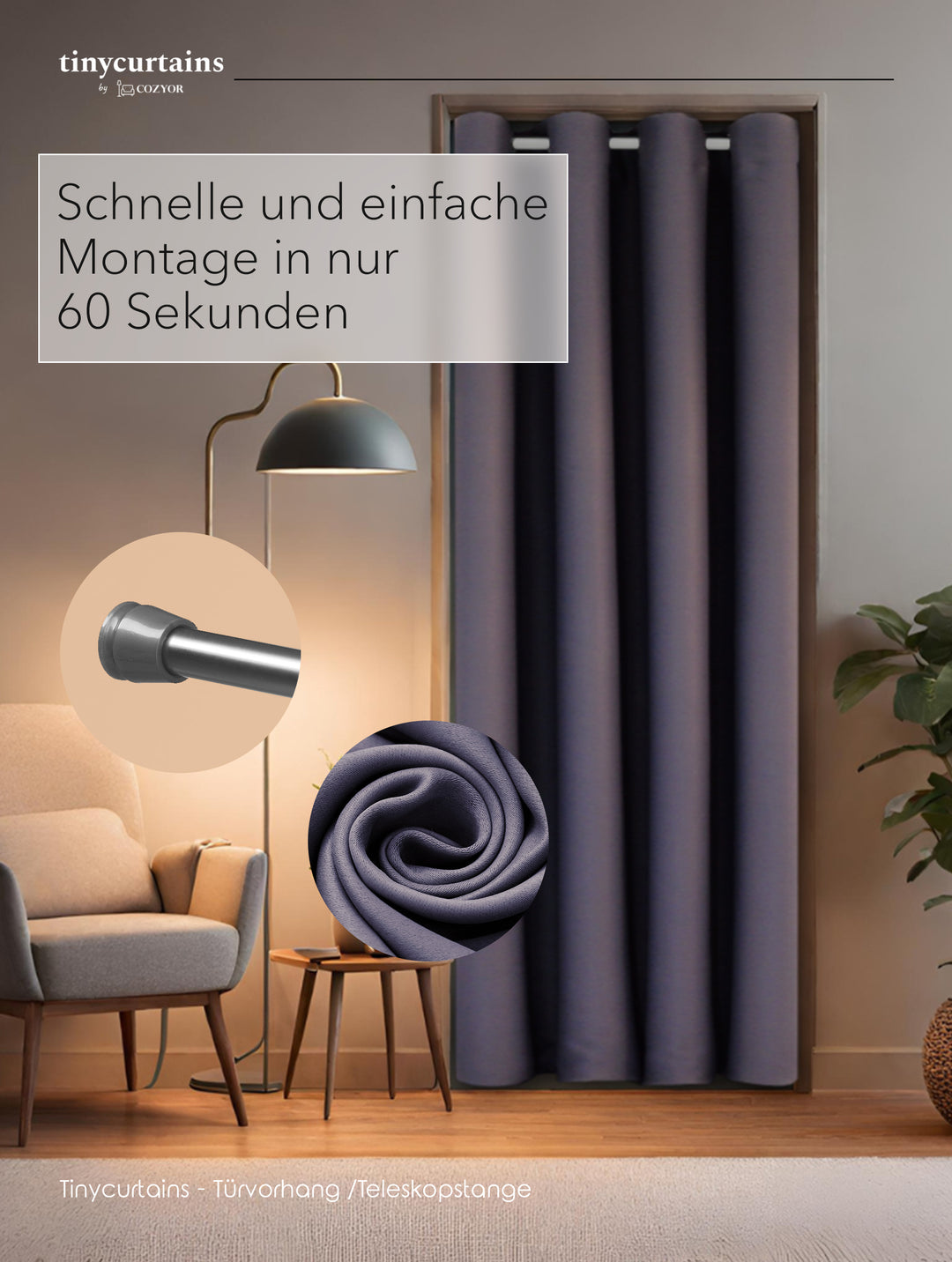 Premium Türvorhang mit silberner Teleskopstange, 1-Minuten-Montage ohne Bohren, Sicht,- Lärmschutz und Thermische Isolation, Perfekte Passform & Eleganz trifft auf Funktionalität