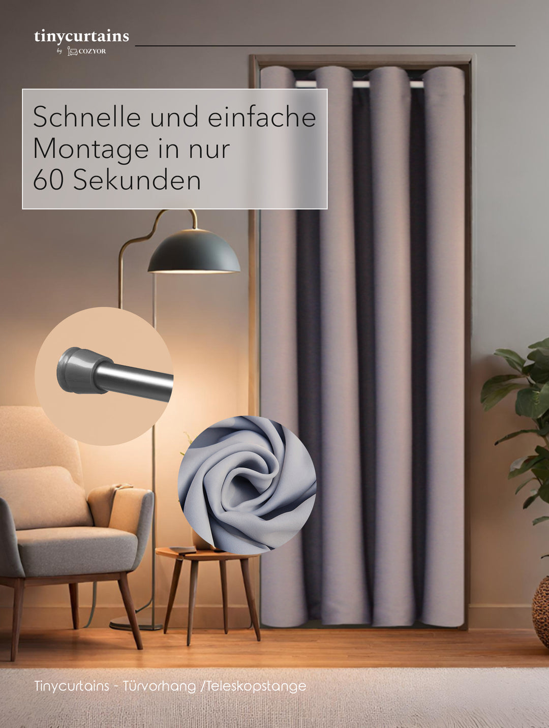 Premium Türvorhang mit silberner Teleskopstange, 1-Minuten-Montage ohne Bohren, Sicht,- Lärmschutz und Thermische Isolation, Perfekte Passform & Eleganz trifft auf Funktionalität