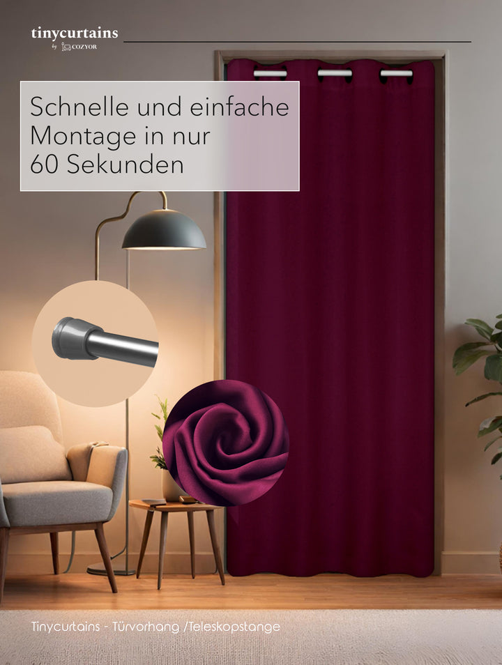Premium Türvorhang mit silberner Teleskopstange, 1-Minuten-Montage ohne Bohren, Sicht,- Lärmschutz und Thermische Isolation, Perfekte Passform & Eleganz trifft auf Funktionalität