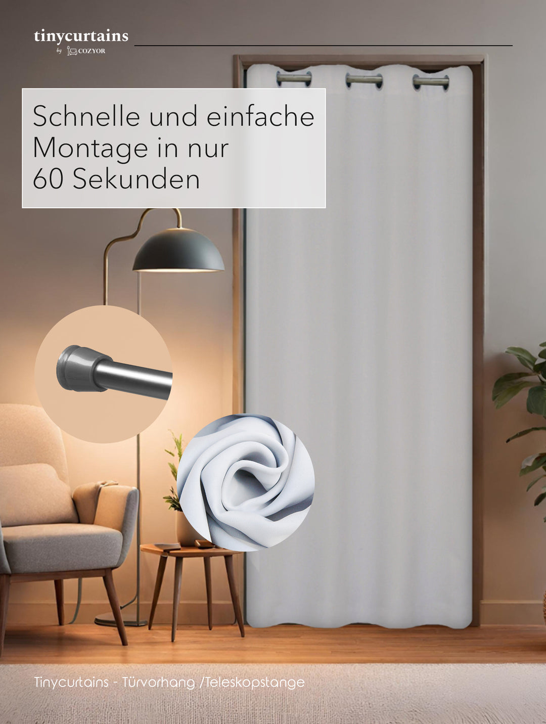 Premium Türvorhang mit silberner Teleskopstange, 1-Minuten-Montage ohne Bohren, Sicht,- Lärmschutz und Thermische Isolation, Perfekte Passform & Eleganz trifft auf Funktionalität