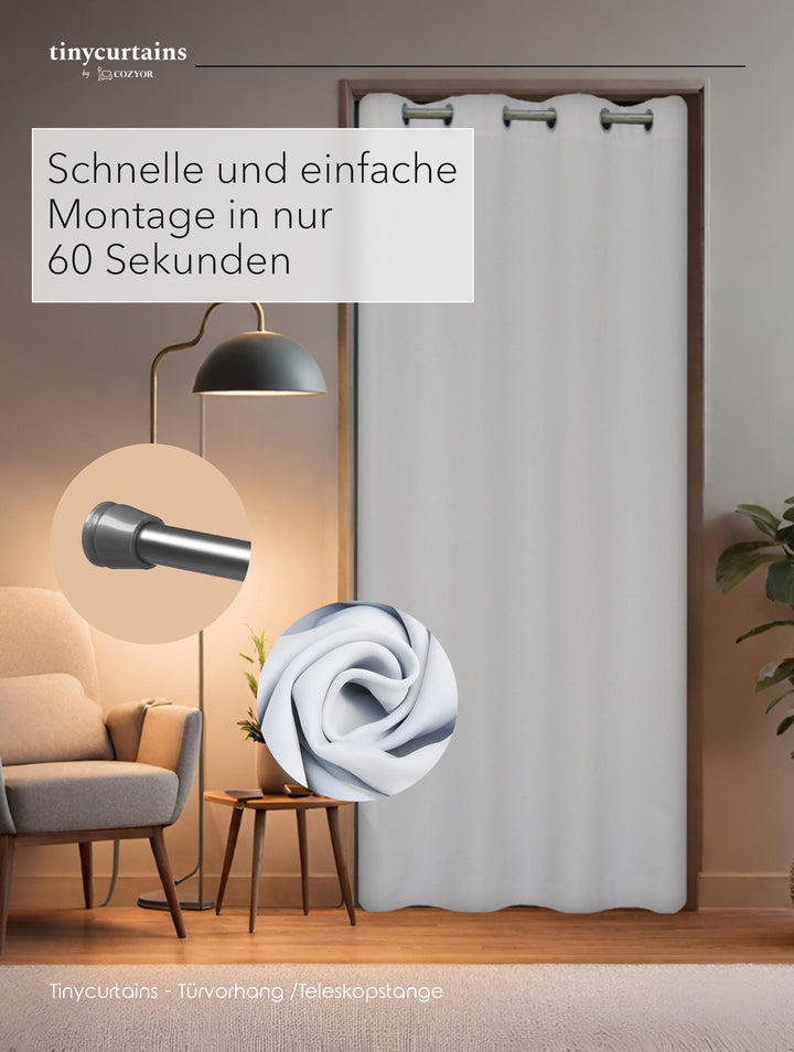 Premium Türvorhang mit silberner Teleskopstange, 1-Minuten-Montage ohne Bohren, Sicht,- Lärmschutz und Thermische Isolation, Perfekte Passform & Eleganz trifft auf Funktionalität