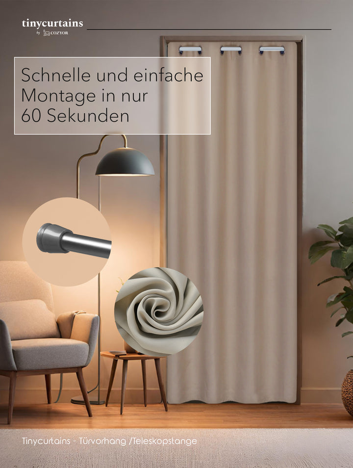 Premium Türvorhang mit silberner Teleskopstange, 1-Minuten-Montage ohne Bohren, Sicht,- Lärmschutz und Thermische Isolation, Perfekte Passform & Eleganz trifft auf Funktionalität