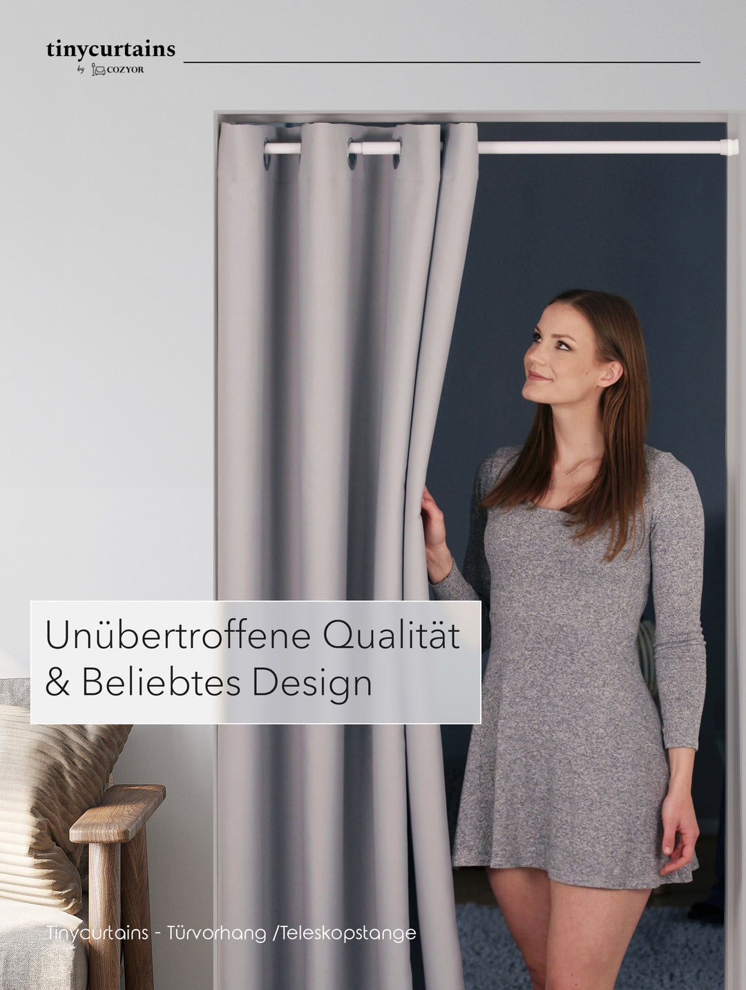 Premium Türvorhang mit silberner Teleskopstange, 1-Minuten-Montage ohne Bohren, Sicht,- Lärmschutz und Thermische Isolation, Perfekte Passform & Eleganz trifft auf Funktionalität