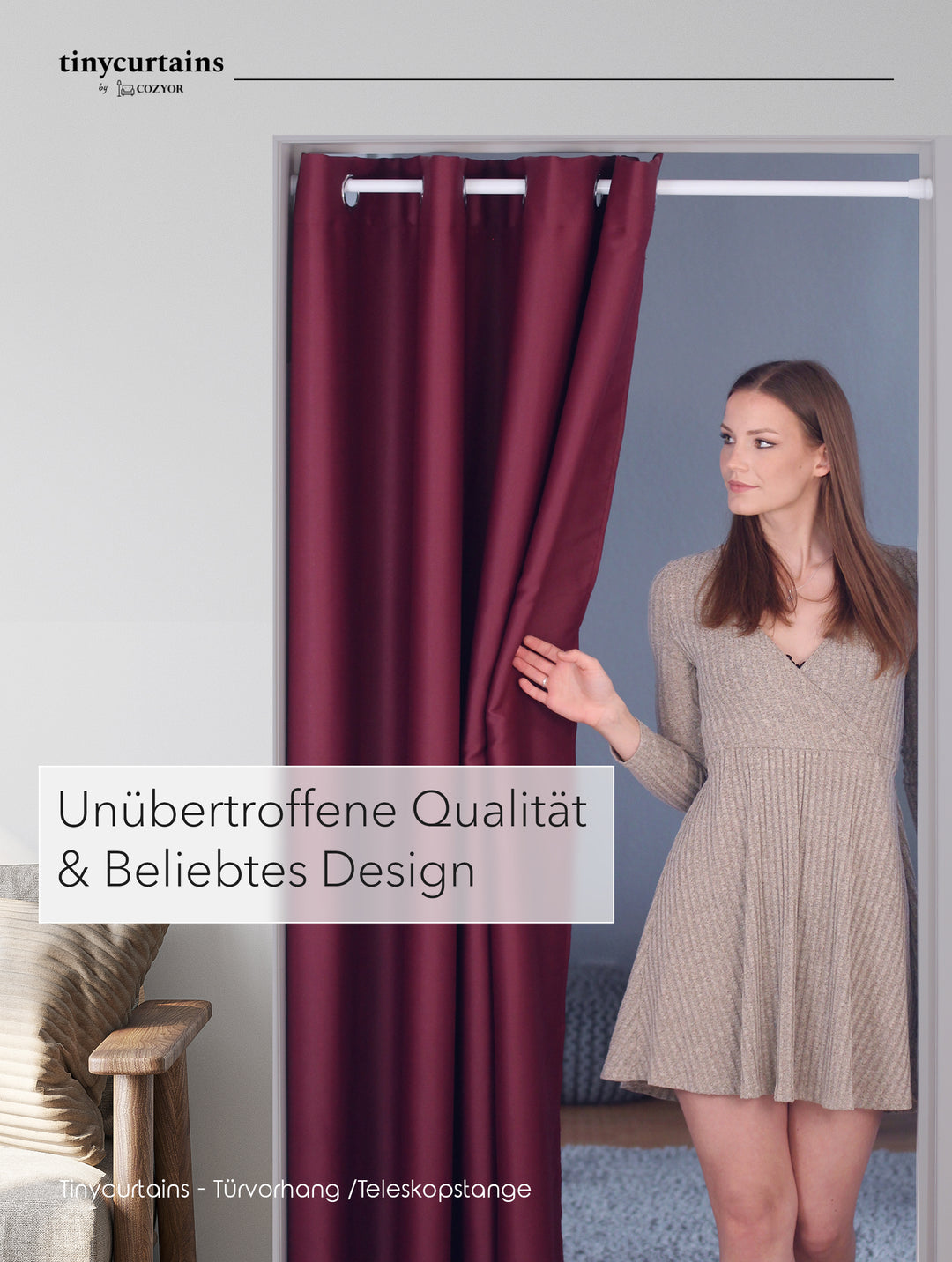 Premium Türvorhang mit silberner Teleskopstange, 1-Minuten-Montage ohne Bohren, Sicht,- Lärmschutz und Thermische Isolation, Perfekte Passform & Eleganz trifft auf Funktionalität