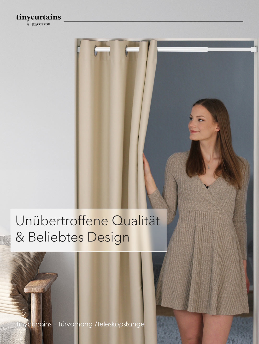 Premium Türvorhang mit silberner Teleskopstange, 1-Minuten-Montage ohne Bohren, Sicht,- Lärmschutz und Thermische Isolation, Perfekte Passform & Eleganz trifft auf Funktionalität