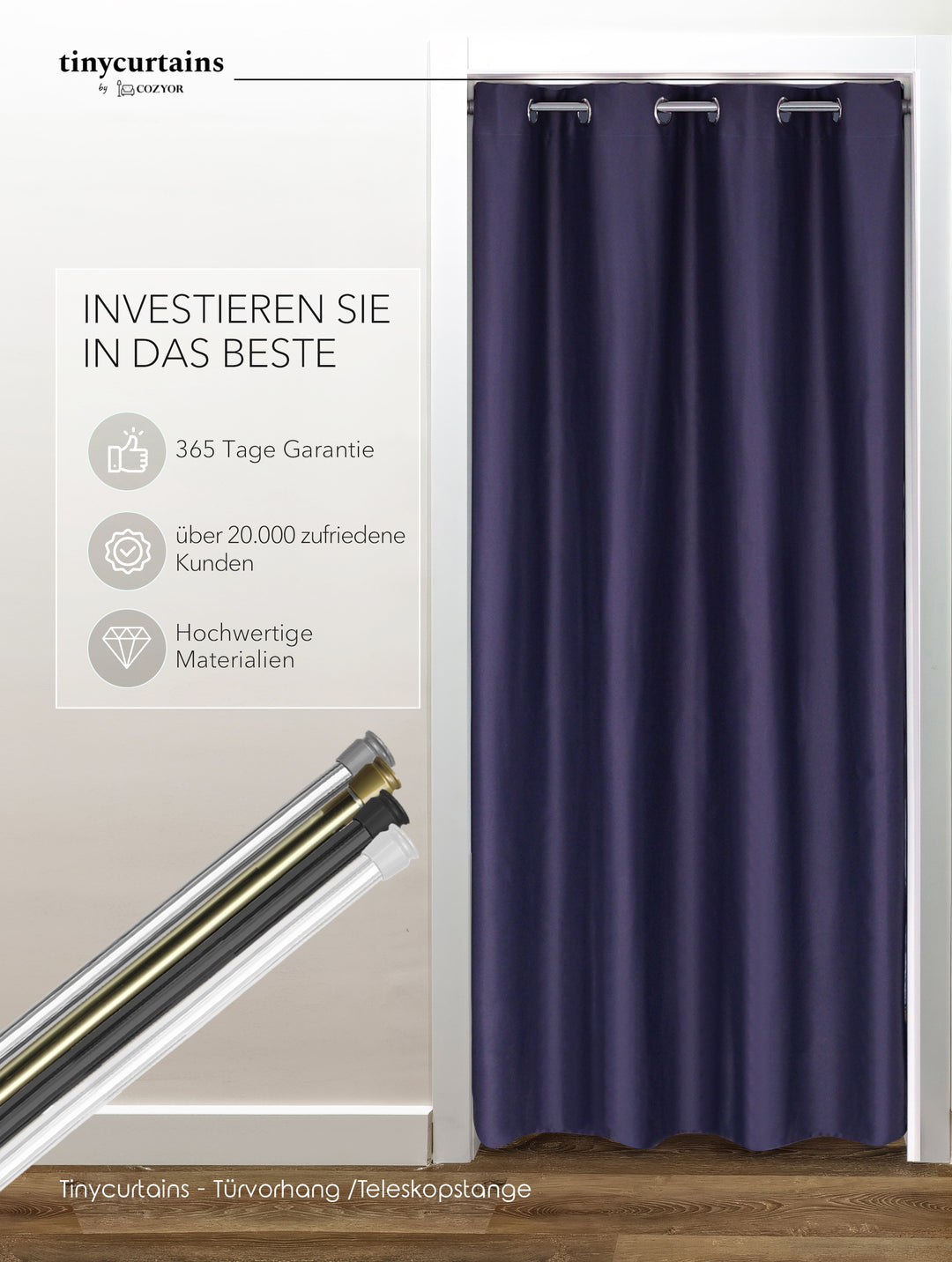 Premium Türvorhang mit silberner Teleskopstange, 1-Minuten-Montage ohne Bohren, Sicht,- Lärmschutz und Thermische Isolation, Perfekte Passform & Eleganz trifft auf Funktionalität