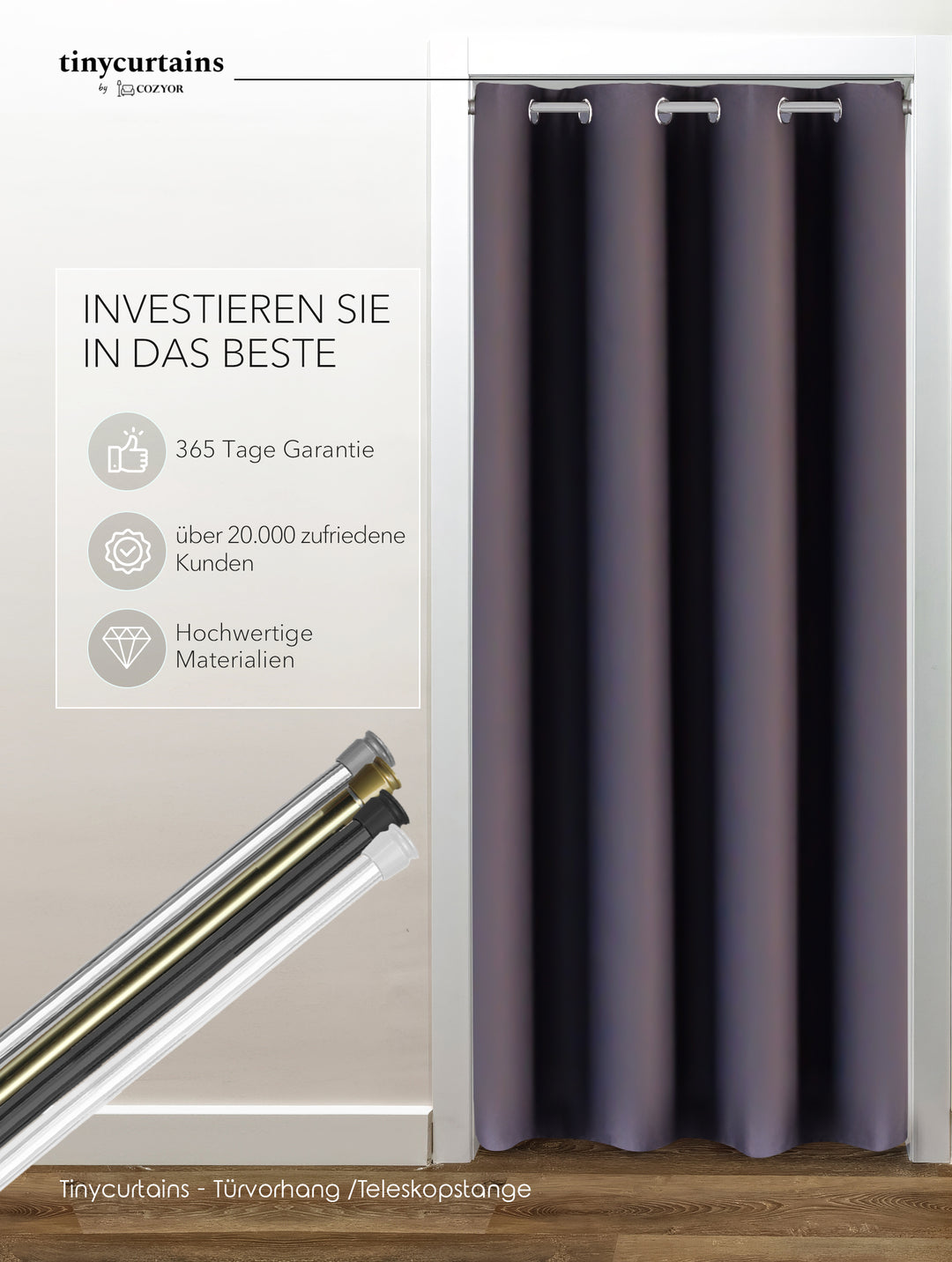 Premium Türvorhang mit silberner Teleskopstange, 1-Minuten-Montage ohne Bohren, Sicht,- Lärmschutz und Thermische Isolation, Perfekte Passform & Eleganz trifft auf Funktionalität