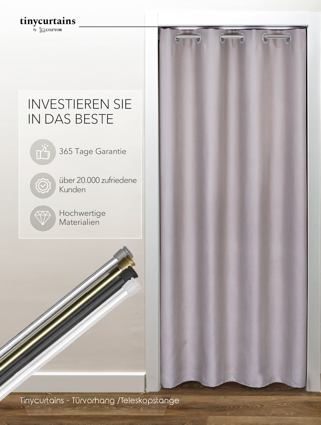 Premium Türvorhang mit silberner Teleskopstange, 1-Minuten-Montage ohne Bohren, Sicht,- Lärmschutz und Thermische Isolation, Perfekte Passform & Eleganz trifft auf Funktionalität
