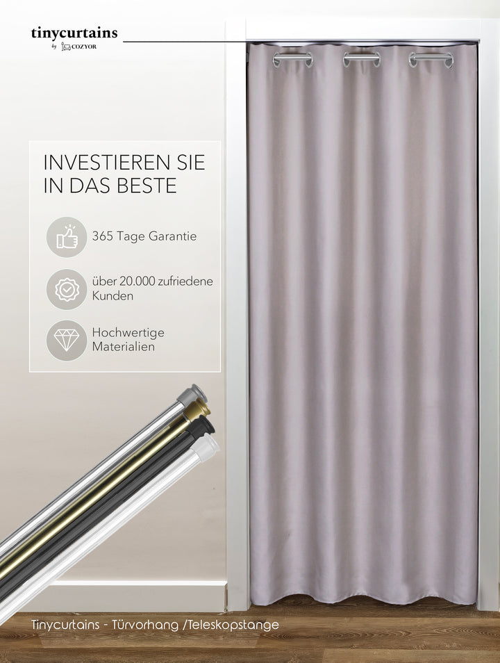 Premium Türvorhang mit silberner Teleskopstange, 1-Minuten-Montage ohne Bohren, Sicht,- Lärmschutz und Thermische Isolation, Perfekte Passform & Eleganz trifft auf Funktionalität