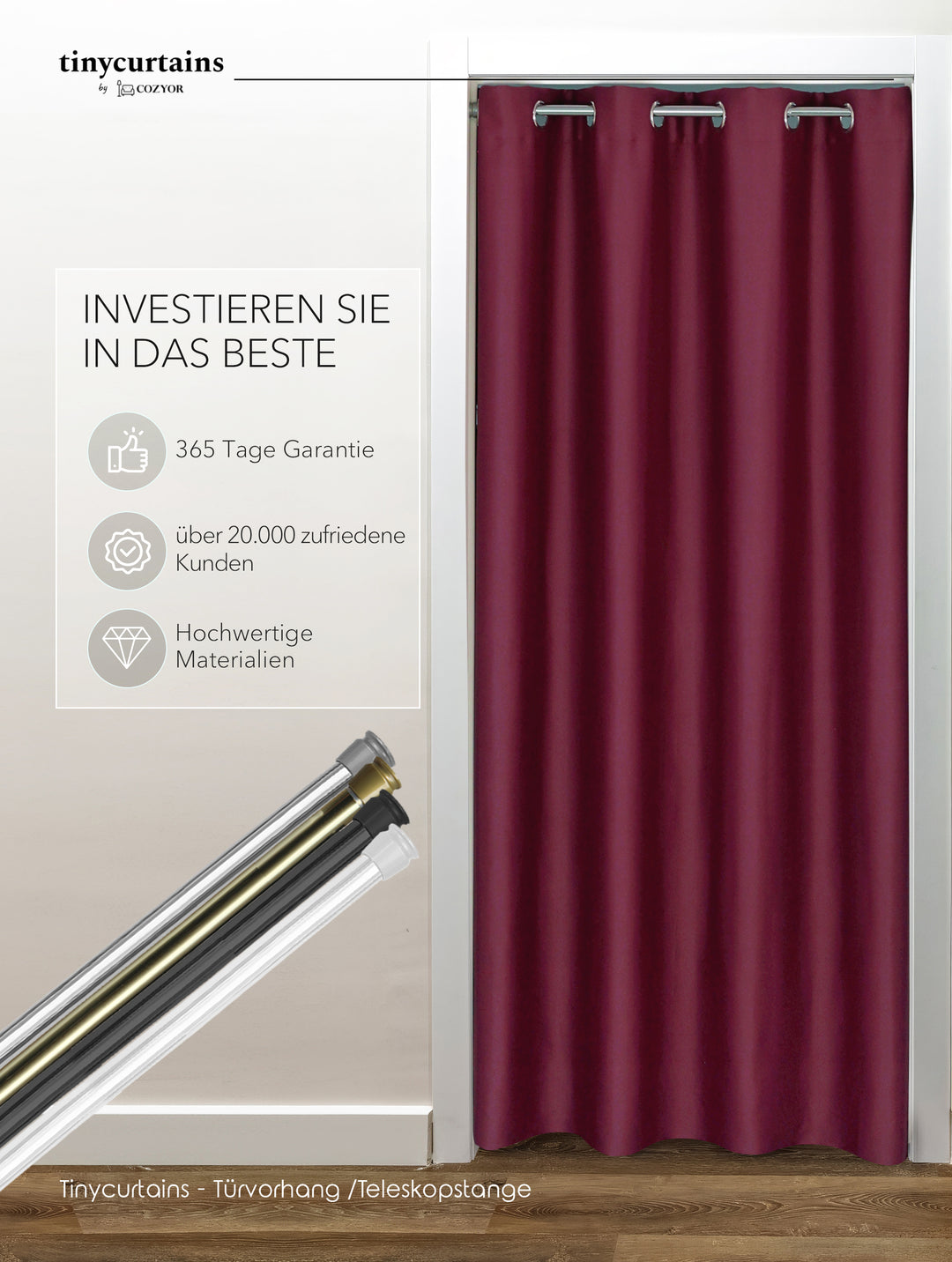 Premium Türvorhang mit silberner Teleskopstange, 1-Minuten-Montage ohne Bohren, Sicht,- Lärmschutz und Thermische Isolation, Perfekte Passform & Eleganz trifft auf Funktionalität