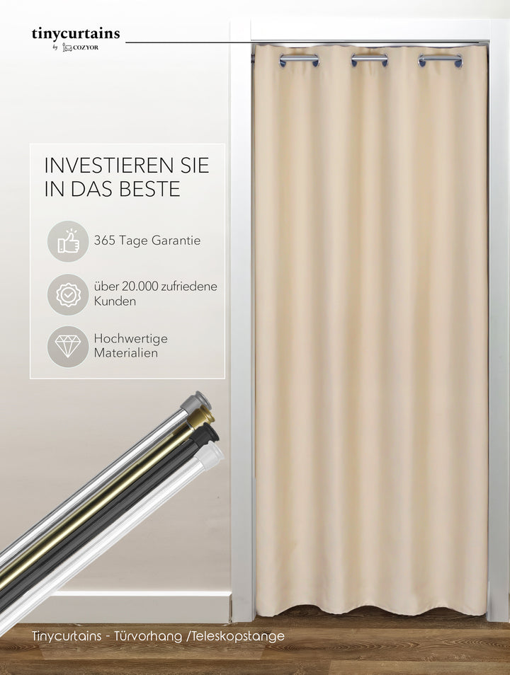 Premium Türvorhang mit silberner Teleskopstange, 1-Minuten-Montage ohne Bohren, Sicht,- Lärmschutz und Thermische Isolation, Perfekte Passform & Eleganz trifft auf Funktionalität