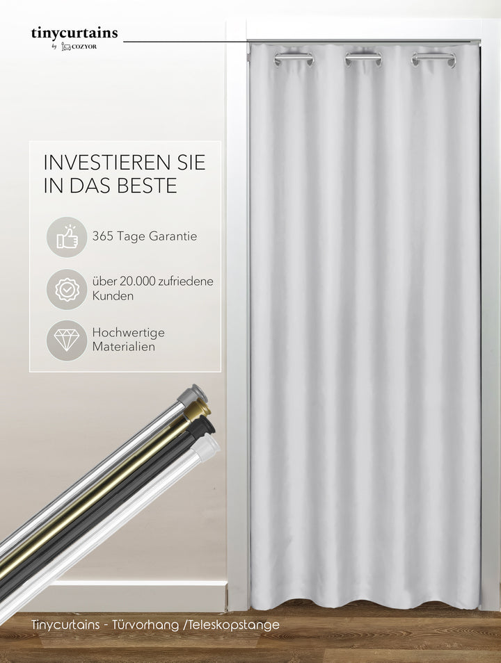Premium Türvorhang mit silberner Teleskopstange, 1-Minuten-Montage ohne Bohren, Sicht,- Lärmschutz und Thermische Isolation, Perfekte Passform & Eleganz trifft auf Funktionalität