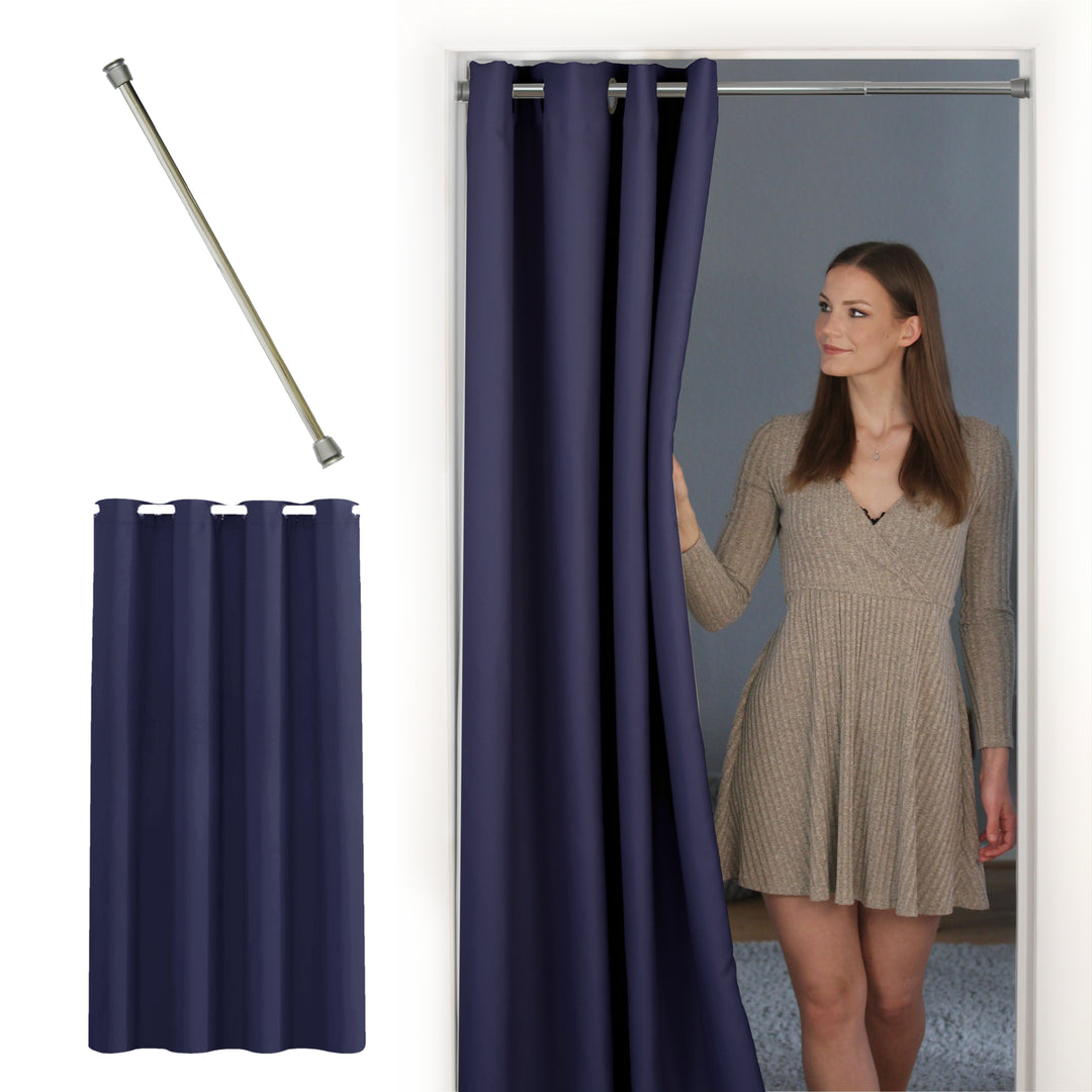 Premium Türvorhang mit silberner Teleskopstange, 1-Minuten-Montage ohne Bohren, Sicht,- Lärmschutz und Thermische Isolation, Perfekte Passform & Eleganz trifft auf Funktionalität