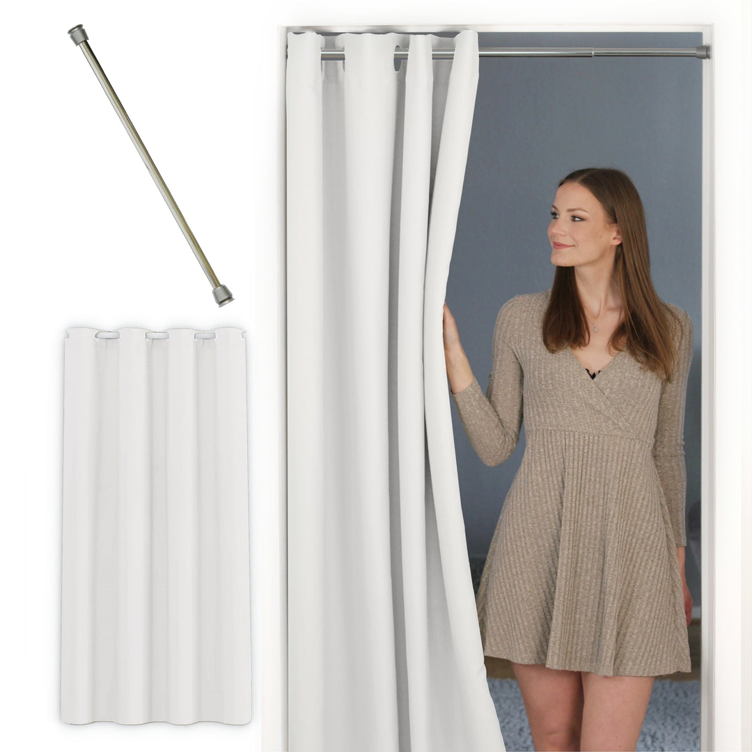 Premium Türvorhang mit silberner Teleskopstange, 1-Minuten-Montage ohne Bohren, Sicht,- Lärmschutz und Thermische Isolation, Perfekte Passform & Eleganz trifft auf Funktionalität