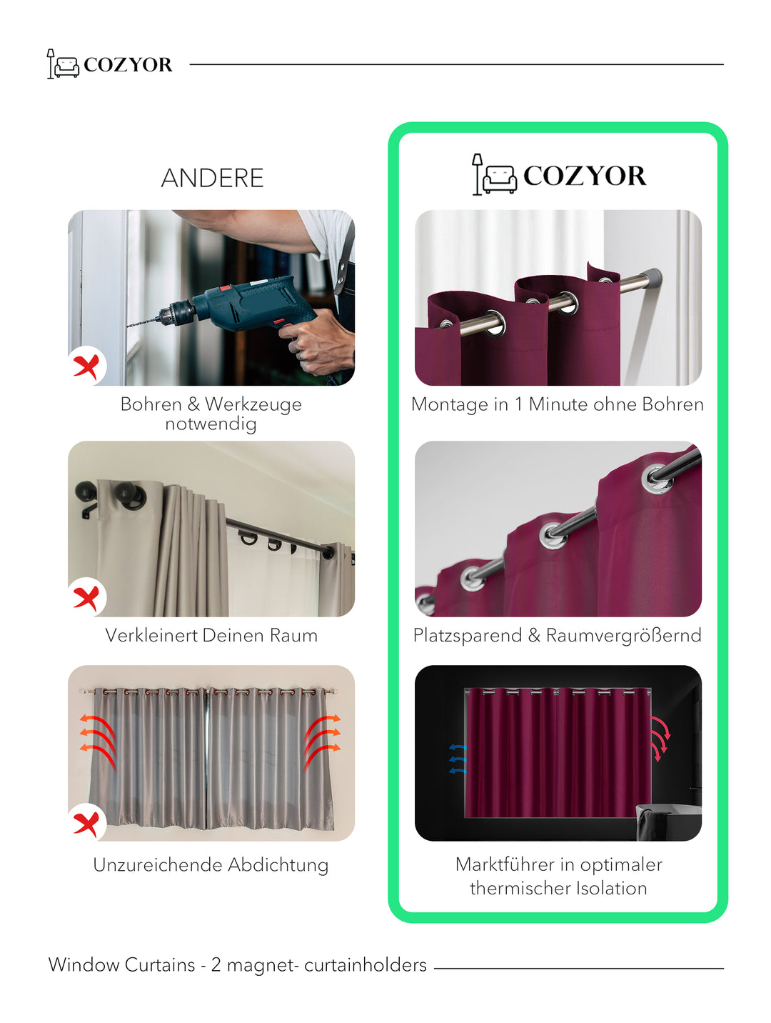 Cozyor Set ohne Bohren: 2x Fenster-Vorhang + 1x Klemmstange + 2x Raffhalter mit Magnet blickdicht & verdunkelnd, als Raumteiler, Fenster & Tür Thermovorhang